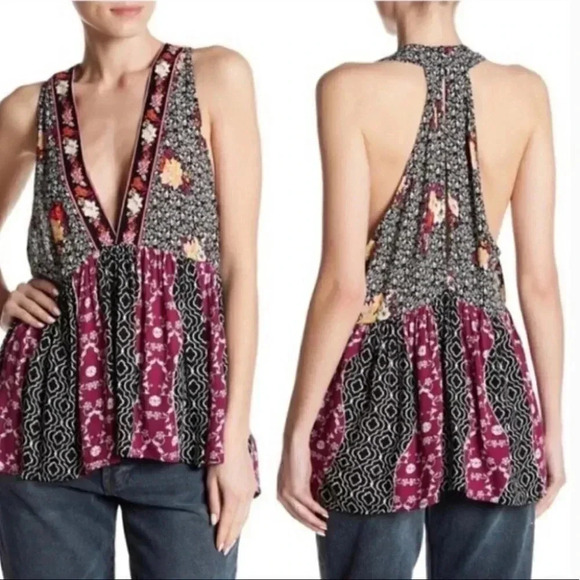Free People Black Floral Deep V Dream Darlin' Tank Top Size Small - Picture 2 of 7